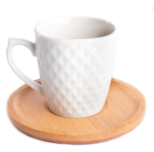 Jogo de xícara para café 90 ml de porcelana com pires em bambu - 12 pçs