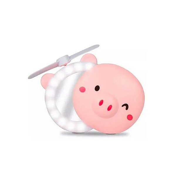 Mini Ventilador Porquinho USB Com Espelho E Led