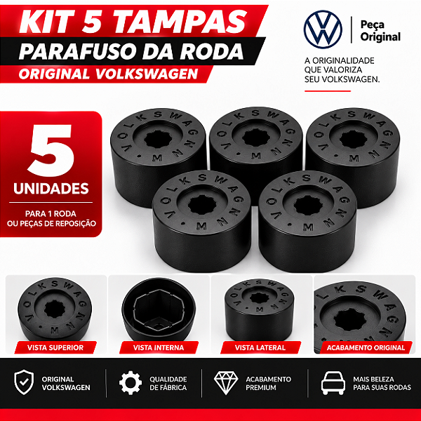 Kit Jogo (5 Un.) Tampa Capa Parafuso Roda Liga Leve  Vw (Parafuso 17mm)  1K06011739B9 Original