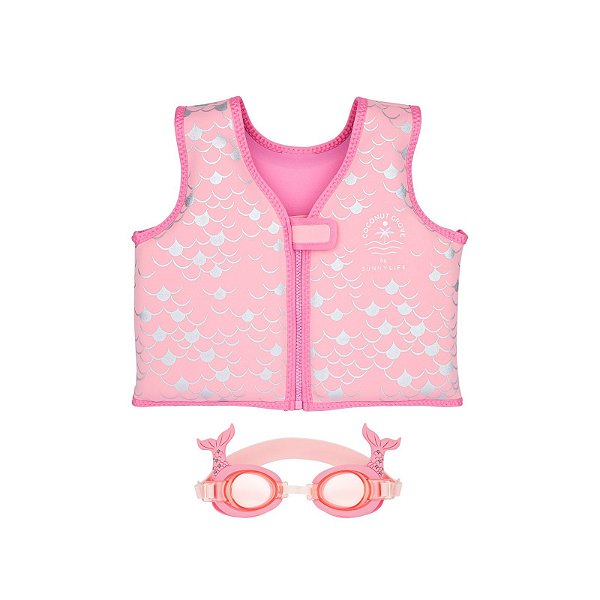 Conjunto de Óculos e Colete Flutuante Natação Sereia Rosa 2-3 Anos