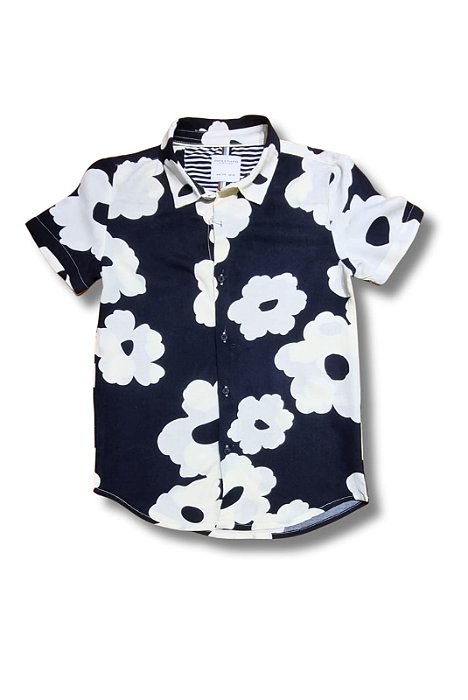 Camisa Infantil Denim & Flower Preta Estampada com Botões@