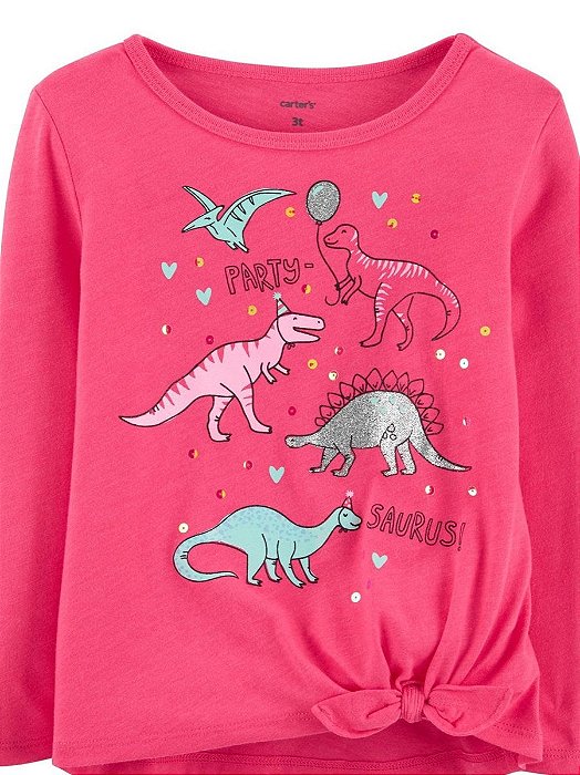 Camiseta Infantil Menina Carter’s Manga Longa Pink Dinossauro