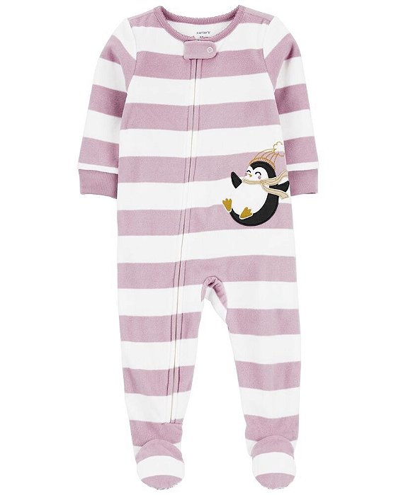 Macacão Infantil Menina Carter’s Fleece Lilás Listras Pinguim