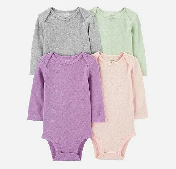Kit 4 Bodys Infantil Menina Carter’s Manga Longa Cores Claras