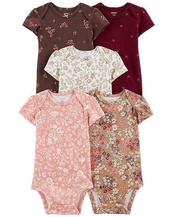 Kit 5 Bodys Infantil Menina Carter’s Manga Curta Bege Bordô Flores