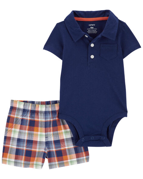 Conjunto Carter’s Body Azul + Bermuda Xadrez – Bebê Menino