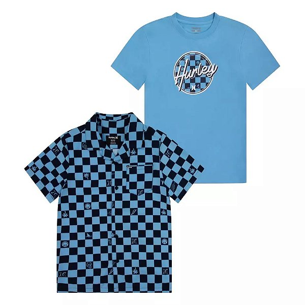 Roupa Masculina Hurley Kit 2 Pçs Camisa Xadrez e Camiseta Azul