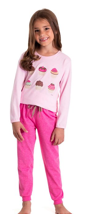 Pijama Infantil Menina Dadomile 2 Peças – Pink Cupcakes Brilha no Escuro
