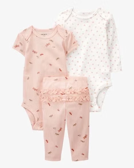 Conjunto Infantil Menina Carter’s 3 Peças Body Rosa Libélula