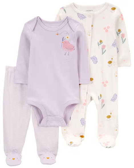 Conjunto Infantil Menina Carter’s 3 Peças Macacão Body Calça Pássaro