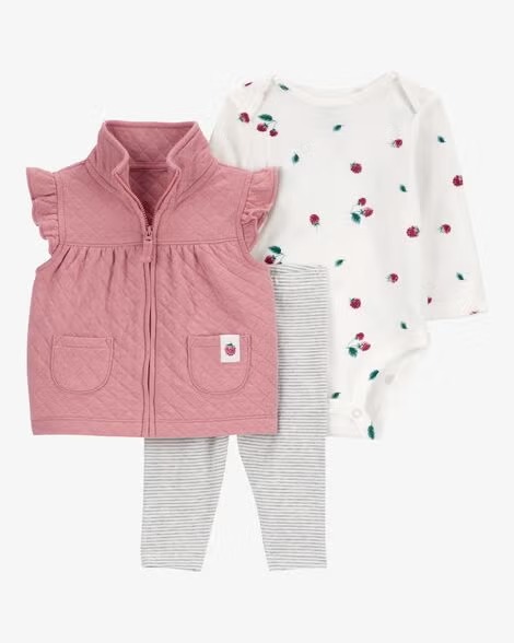 Conjunto Infantil Menina Carter’s 3 Peças Colete Rosa Body Frutas
