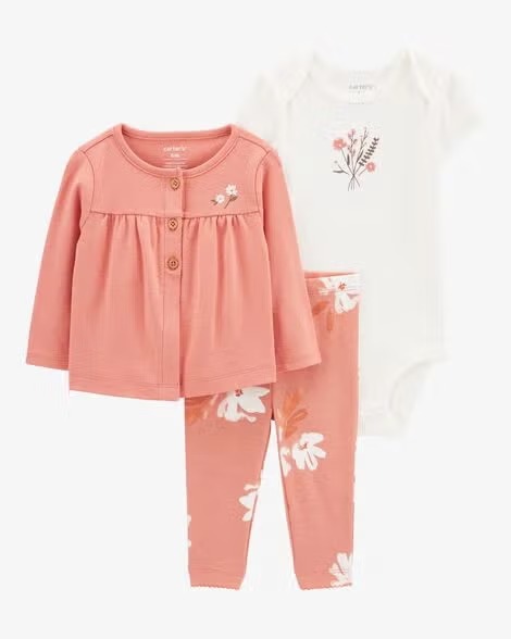 Conjunto Infantil Menina Carter’s 3 Peças Cardigan Bordado Body Calça