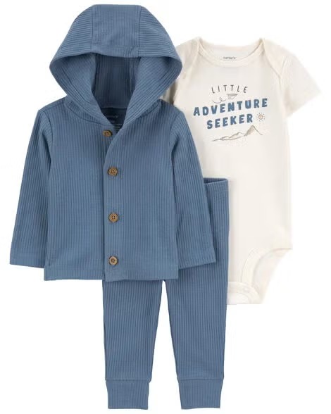Conj Carter’s 3 Pçs Cardigan Azul Canelado com Body e Calça