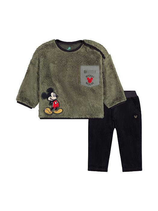 Conjunto Infantil Disney Blusa Sherpa Verde Mickey – 2 Peças