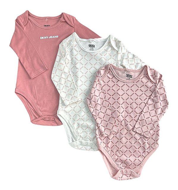 Kit 3 Bodys Manga Longa Infantil Menina DKNY – Rosa