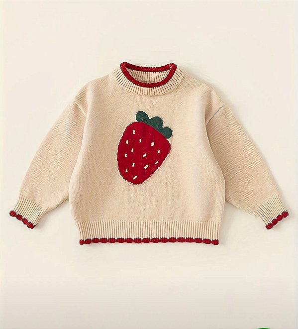 Blusa Infantil Menina Little – Lã Bege com Bordado de Morango