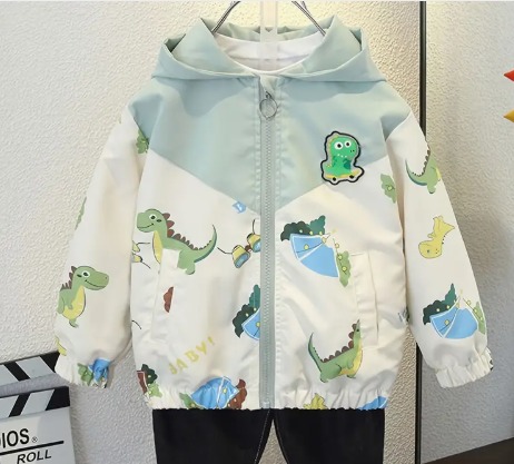 Jaqueta Infantil Little Bege e Verde com Estampa de Dinos