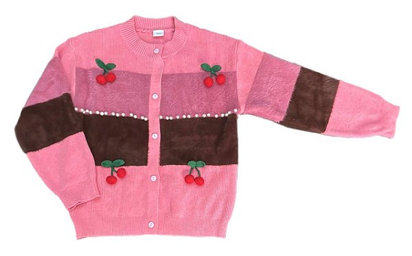 Cardigan Infantil Menina Little – Rosa e Marrom com Pérolas