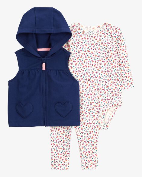 Conjunto Infantil Menina Carter’s 3 Peças Colete Azul Marinho Floral