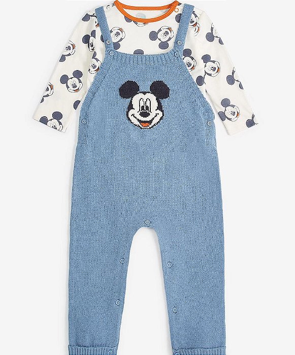 Conjunto Infantil Disney Jardineira Azul Mickey em Lã – 2 Pçs