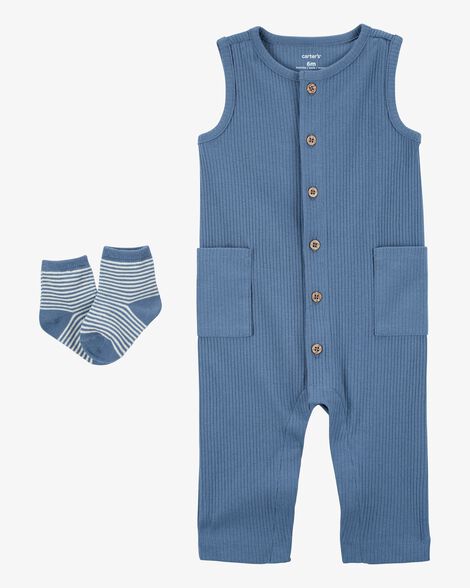 Roupa Infantil Menino Carters Macacão Algodão Regata Azul Com Meia