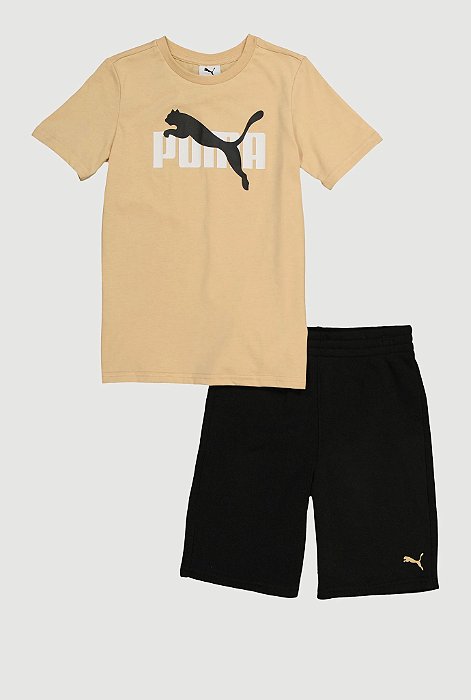 Conjunto Infantil Puma Camiseta Bege e Bermuda Preta – 2 Pçs
