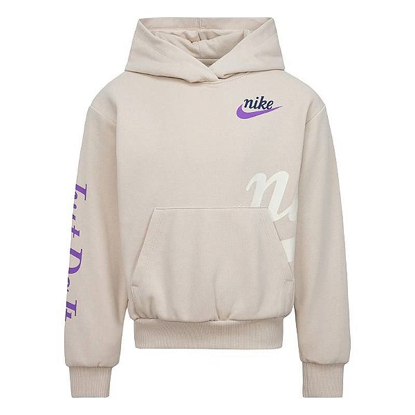 Moletom Infantil Nike Menina – Bege com Logo Lilás Estiloso