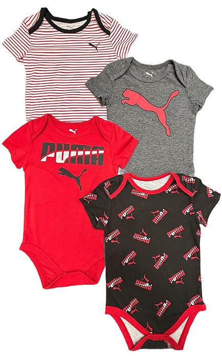 Kit 4 Bodys Puma Manga Curta Preto e Vermelho – Menino