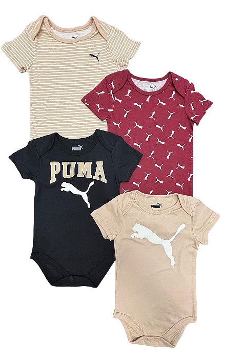 Roupa Infantil Menino Puma Kit 4 Bodys Manga Curta Bordô e Bege
