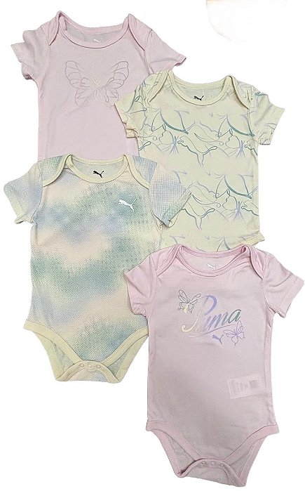 Kit 4 Bodys Puma Infantil Menina – Manga Curta Rosa e Bege