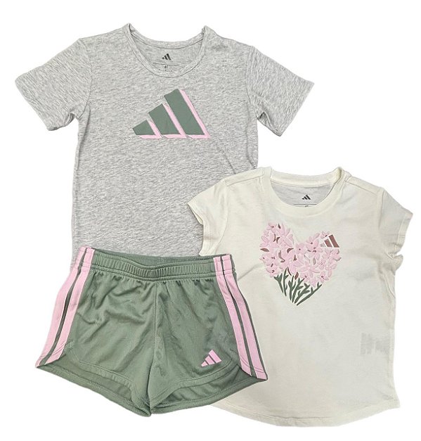 Conjunto Infantil Menina Adidas 3 Peças Camisetas e Shorts Verde