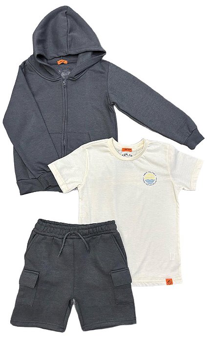 Conjunto Infantil Free Planet 3 Peças Moletom Chumbo e Bermuda