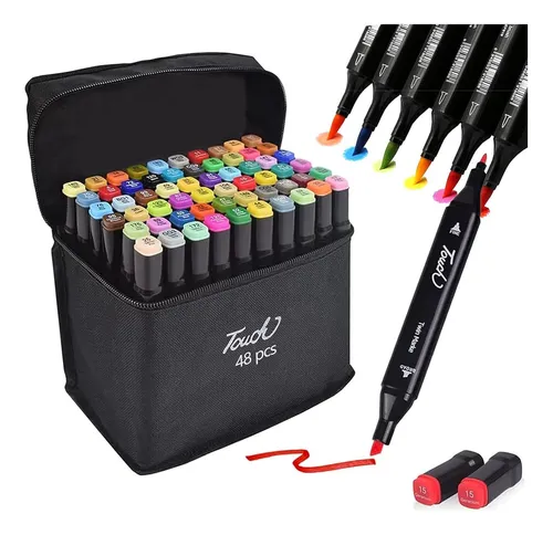 Kit 48 Canetinhas Touch Ponta Dupla com Estojo | Para Desenho e Colorir