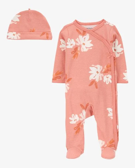 Macacão e Touca Floral Bebê 2 Peças Dormir e Brincar