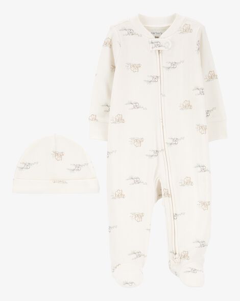 Macacão e Touca Bebê 2 Peças Algodão Elefante com Zíper