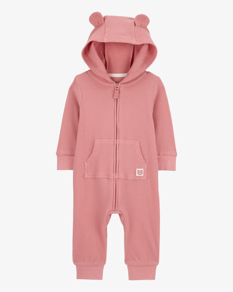 Macacão Térmico Bebê Urso Rosa com Capuz e Zíper