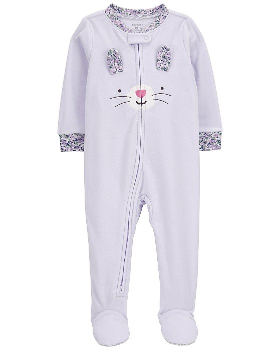 Macacão Bebê Fleece Lilás Coelho Aconchegante com Zíper