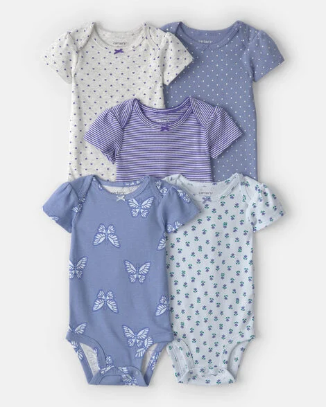 Kit 5 Bodys Manga Curta Azul Flores Bebê Menina Carter’s