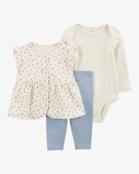 Conjunto 3 Peças Bebê Menina Carter’s Colete Floral + Body + Calça