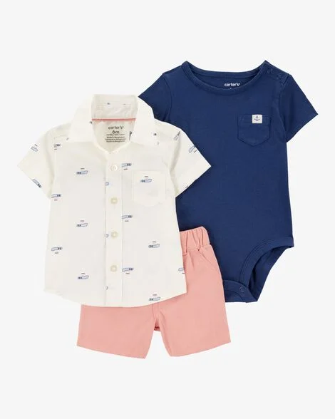 Conjunto Infantil Menino Carter’s 3 Peças Camisa Branca Barco + Body + Bermuda