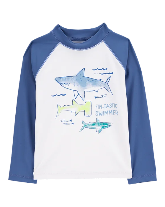 Camiseta Infantil Manga Longa Praia Carter’s Branca e Azul Tubarão