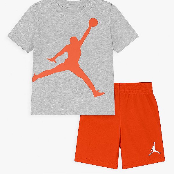 Conjunto Infantil Menino Air Jordan Camiseta Cinza + Bermuda Laranja