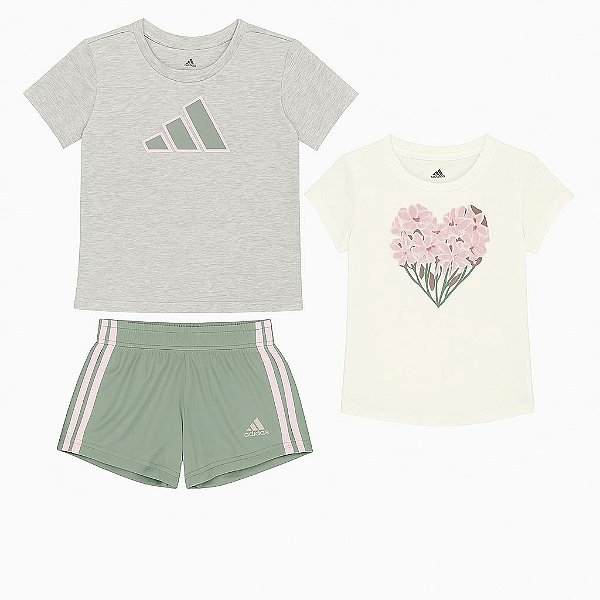 Conjunto Infantil Menina Adidas 3 Peças Camisetas + Shorts Dry Fit Verde