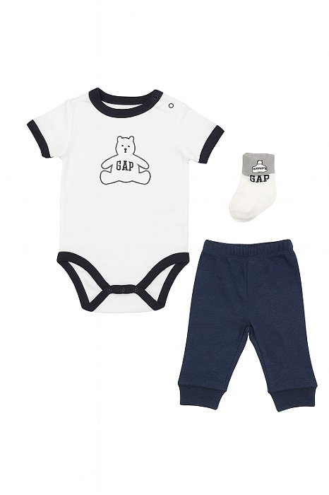 Conjunto Infantil Menino GAP 3 Peças Body Branco Urso + Calça Azul Marinho
