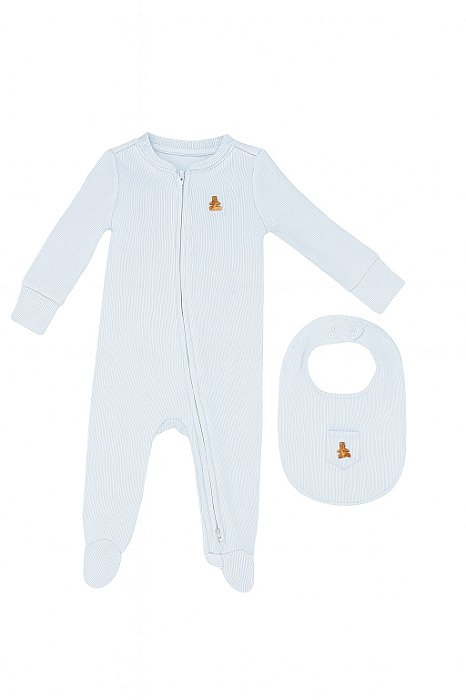 Macacão Infantil GAP Azul Canelado com Babador Urso Bordado