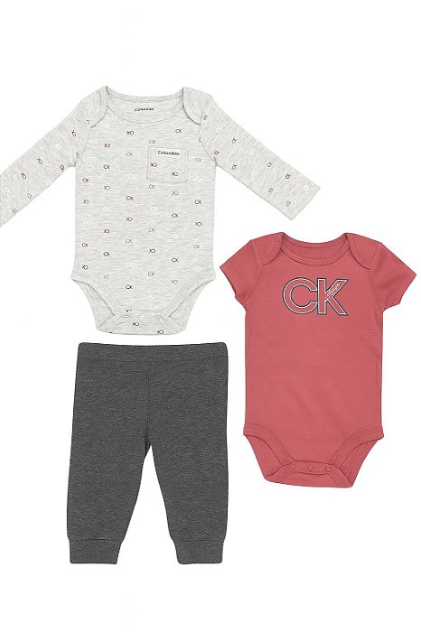 Conjunto Infantil Menino Calvin Klein 3 Peças Body Cinza + Bordô + Calça