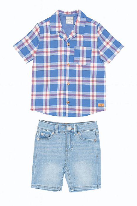 Conjunto Infantil Menino Koala Kids Camisa Xadrez Azul + Bermuda Jeans