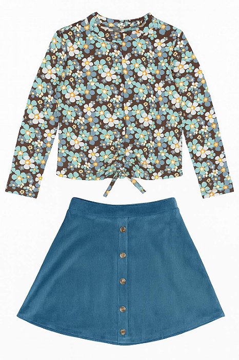 Conjunto Infantil Menina Beautess Camiseta Marrom Flores + Saia Veludo