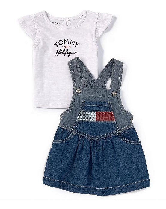 Jardineira Jeans Infantil Menina Tommy Hilfiger + Camiseta Branca