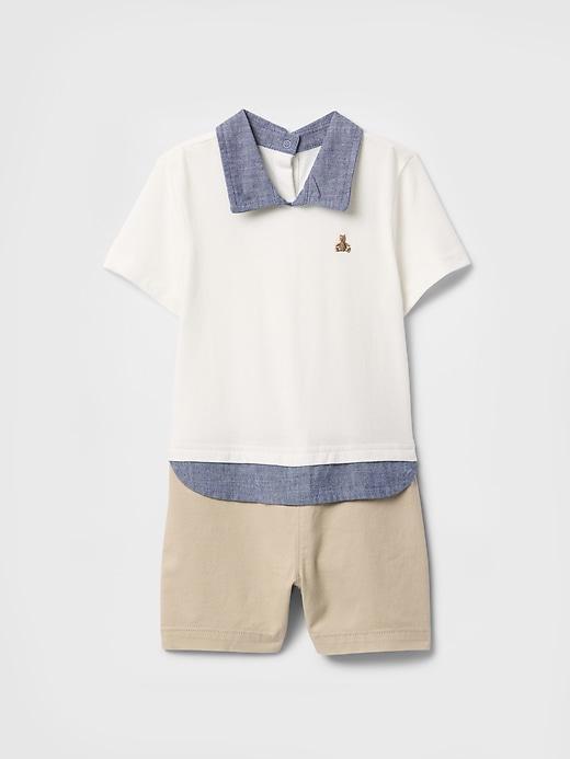 Romper Infantil Menino GAP Azul, Branco e Caramelo com Urso Bordado